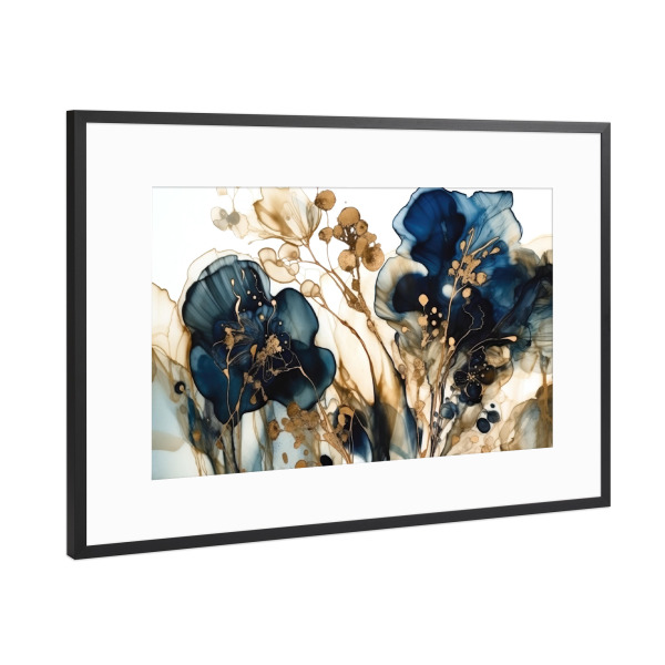 Poster mit Rahmen Schwarz (Metallic) "Navy und Gold Botanicals L" artboxONE - Floral,Abstrakt - Marine,Alt,Pflanzenstoffe,Blumen,Blumen