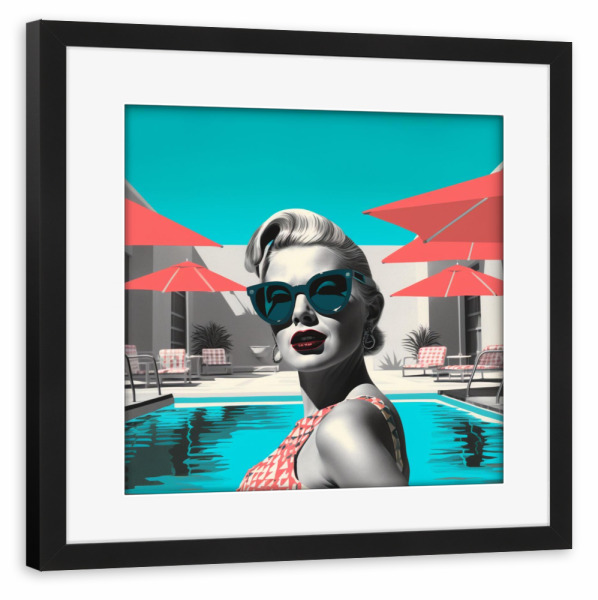 Poster mit Rahmen schwarz "SCHWIMMBAD-FRAU" artboxONE - Menschen,Sport,Buchstaben / S - Schwimmbad,Pool,Frau,Sommer,Grün,Grün,Rot