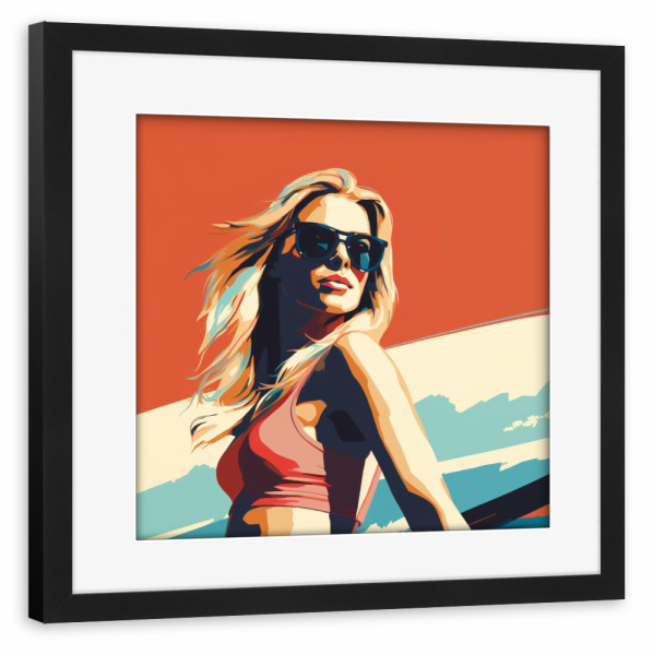 Poster mit Rahmen schwarz "SURFEN" artboxONE - Abstrakt,Reise / Strand und Meer,Fashion,Sport - Surfen,Frau,Meer,Sport,Urlaub,Popart