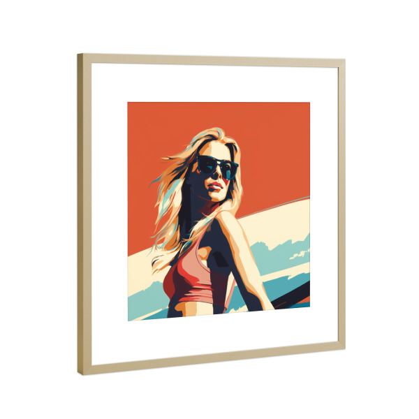Poster mit Rahmen Gold "SURFEN" artboxONE - Abstrakt,Reise / Strand und Meer,Fashion,Sport - Surfen,Frau,Meer,Sport,Urlaub,Popart