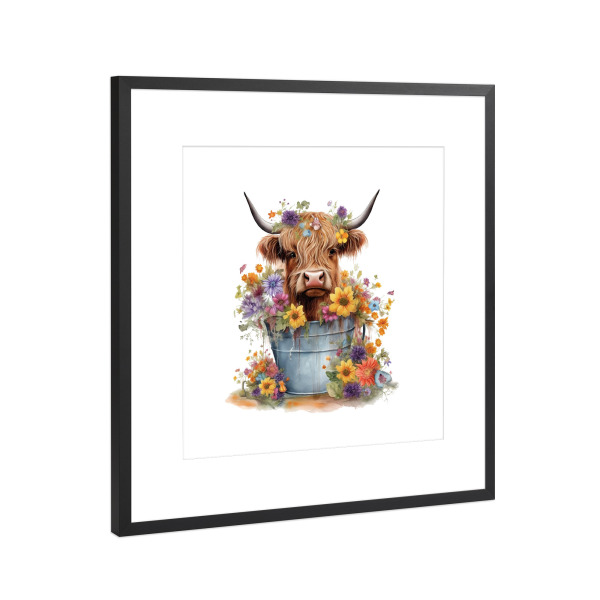 Poster mit Rahmen Schwarz (Metallic) "Hochlandkuh K" artboxONE - Floral,Tiere - Tiere,Kuh,Hochland,Bad,Wanne,Blumen,Blumen,Niedlich