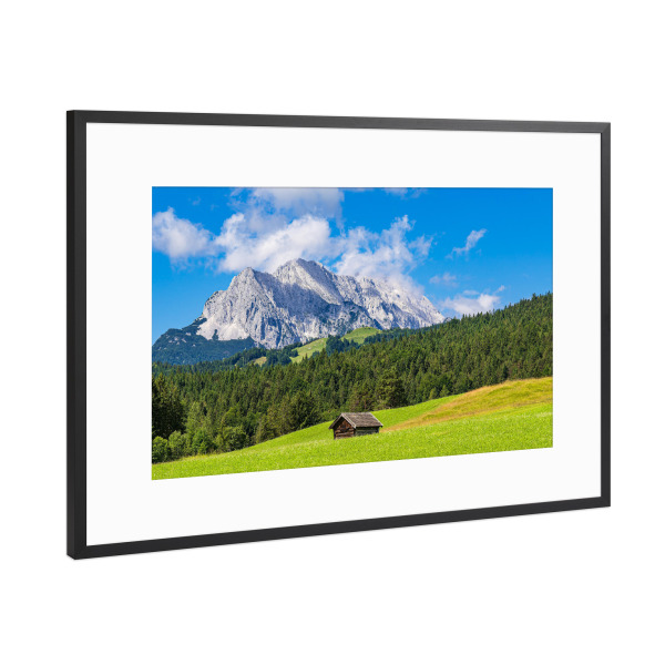 Poster mit Rahmen Schwarz (Metallic) "Wolken, Heuhütte, Berge, Bäume" artboxONE - Natur,Reise,Architektur