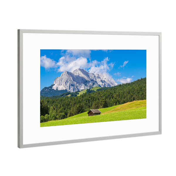 Poster mit Rahmen Silber "Wolken, Heuhütte, Berge, Bäume" artboxONE - Natur,Reise,Architektur