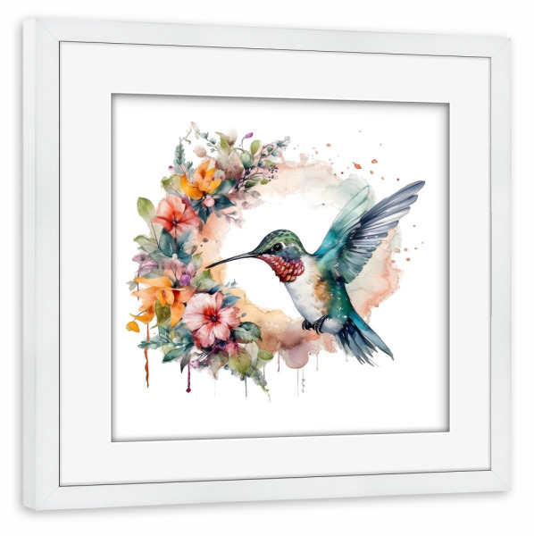 Poster mit Rahmen weiß "Kolibri K" artboxONE - Floral,Tiere - Tiere,Vögel,Kolibris,Blumen,Blume,Aquarell,Bunt