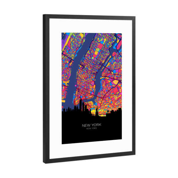 Poster mit Rahmen Schwarz (Metallic) "New York City Skyline Karte Neon" artboxONE - Städte,Städte / New York
