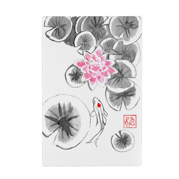 Metall Poster "Nenuphars und Koi" artboxONE - Natur,Floral,Tiere - Nenuphar,Lotus,Blume,Karpfen,Koi,Japan - Blechschild