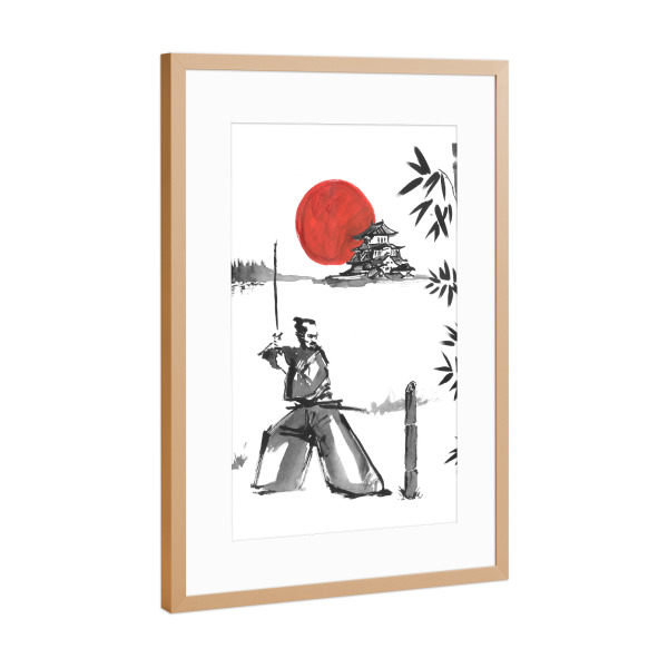 Poster mit Rahmen Kupfer "Quadriptyque Japan dritter Teil" artboxONE - Reise / Asien - Samurai,Sumie,Japan,Schloss,Bambus