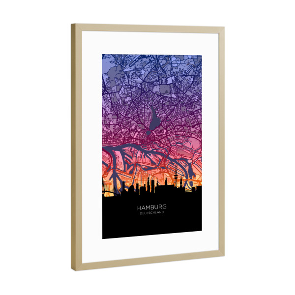 Poster mit Rahmen Gold "Hamburg Skyline Sonnenuntergang" artboxONE - Städte