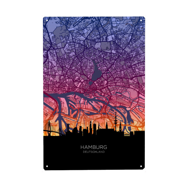 Holzbild "Hamburg Skyline Sonnenuntergang" artboxONE - Städte - Hamburg,Deutschland,Deutschland,Karte,Skyline,Stadtbild,Stadtplan,Stadtbild,Stadtkarte