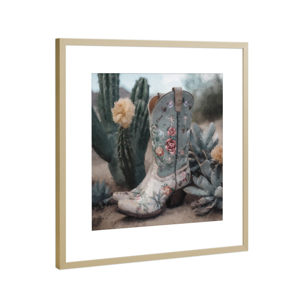 Poster mit Rahmen Gold "Cowgirl-Stiefel K" artboxONE - Natur,Floral,Fashion - Wüste,Landschaft,Blumen,Blume,Kaktus,Mode,Stiefel,Cowgirl,Western