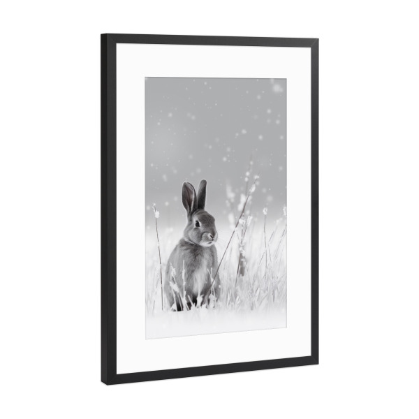 Poster mit Rahmen Schwarz (Metallic) "Hase im Schnee" artboxONE - Für Kinder,Tiere,Weihnachten