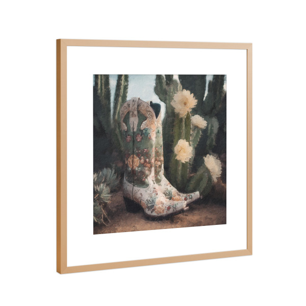 Poster mit Rahmen Kupfer "Cowgirl-Stiefel F" artboxONE - Natur,Floral,Fashion - Wüste,Western,Cowgirl,Stiefel,Mode,Kaktus,Blumen,Landschaft