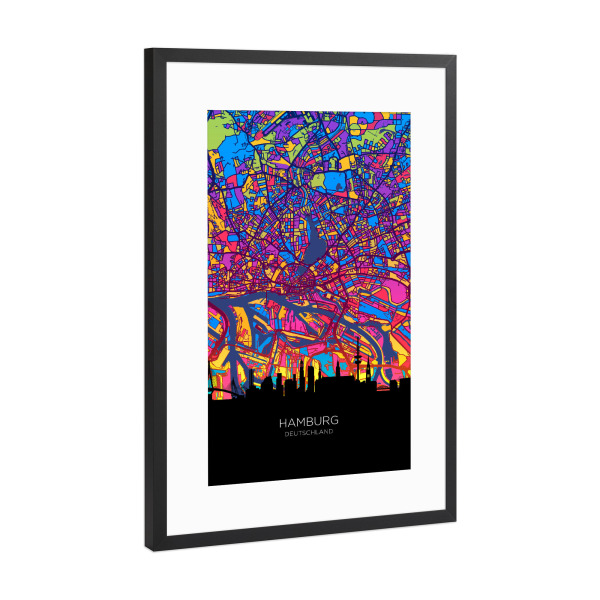 Poster mit Rahmen Schwarz (Metallic) "Hamburg Skyline Karte Neon" artboxONE - Städte,Städte / Hamburg