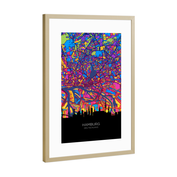 Poster mit Rahmen Gold "Hamburg Skyline Karte Neon" artboxONE - Städte,Städte / Hamburg