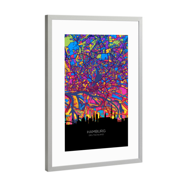 Poster mit Rahmen Silber "Hamburg Skyline Karte Neon" artboxONE - Städte,Städte / Hamburg