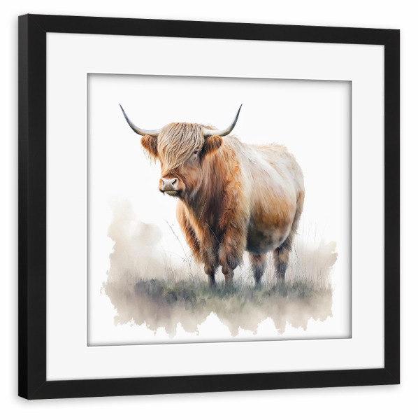 Poster mit Rahmen schwarz "Highland Cow Field D" artboxONE - Natur,Tiere - Hochland,Kuh,Rinder,Feld,Landschaft,Aquarell,Natur,Tiere