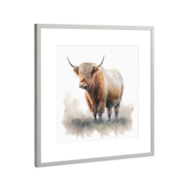 Poster mit Rahmen Silber "Highland Cow Field D" artboxONE - Natur,Tiere - Hochland,Kuh,Rinder,Feld,Landschaft,Aquarell,Natur,Tiere