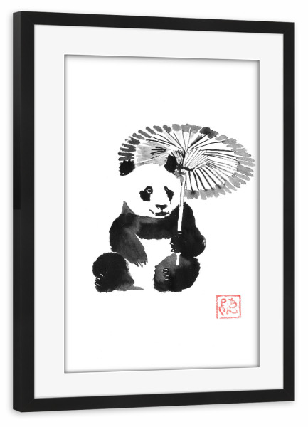 Poster mit Rahmen schwarz "Panda im Regen" artboxONE - Tiere,Schwarzweiß - Panda,Sumie,Japan,Tier,Schwarzweiß