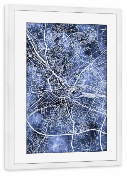 Poster mit Rahmen weiß "Osnabrück Stadtplan Blau" artboxONE - Städte - Osnabrück,Deutschland,Stadtkarte,Karte,Stadtplan,Aquarell,Malerei