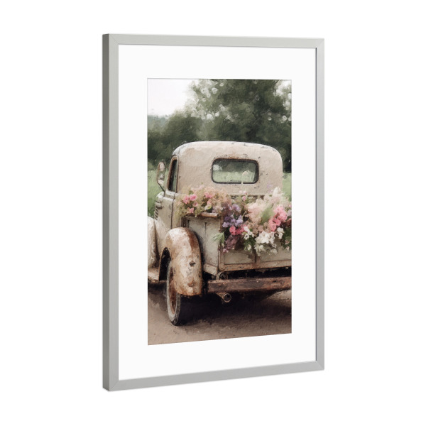 Poster mit Rahmen Silber "Blumenabholung D" artboxONE - Natur,Floral,Automobile - Vintage,Blumen,Blume,Pickup,Lkw,Automobil,Feld,Natur