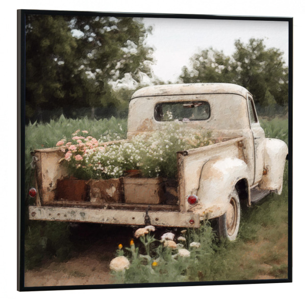 Poster mit schwarzem Rahmen 30x30 cm "Blumenabholung A" artboxONE - Floral,Automobile - Automobil,Lkw,Pickup,Blume,Feld