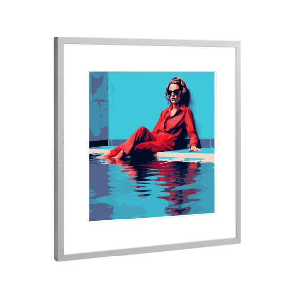 Poster mit Rahmen Silber "SWIMMING POOL RED WOMAN" artboxONE - Menschen - Rot,Blau,Swimming pool,Pool,Sommer,Frau