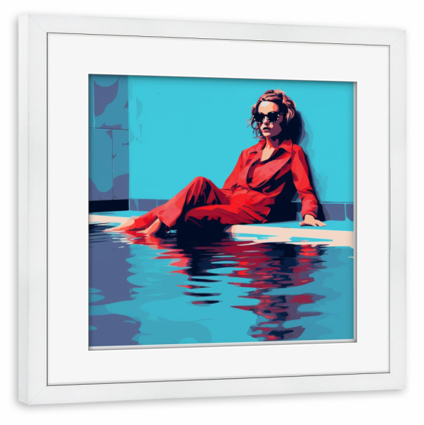 Poster mit Rahmen weiß "SWIMMING POOL RED WOMAN" artboxONE - Menschen - Rot,Blau,Swimming pool,Pool,Sommer,Frau