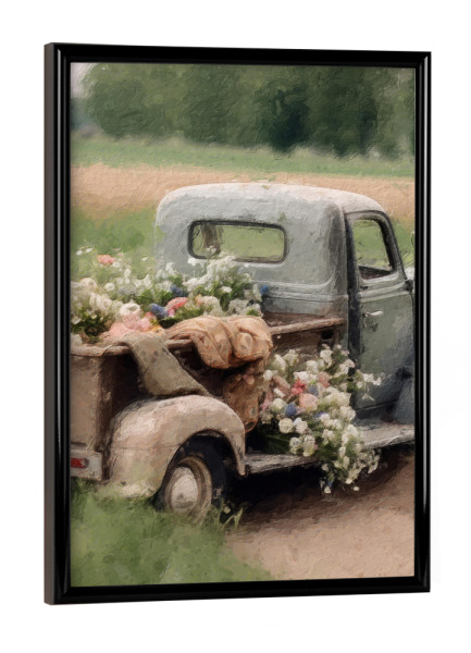 Poster mit schwarzem Rahmen "Blumenabholung C" artboxONE - Natur,Floral,Automobile - Vintage,Automobil,Pickup,Lkw,Blume,Blumen,Feld,Natur