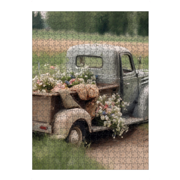 Puzzle Ravensburger "Blumenabholung C" artboxONE - Natur,Floral,Automobile - Vintage,Automobil,Pickup,Lkw,Blume,Blumen,Feld,Natur - Bild vintage