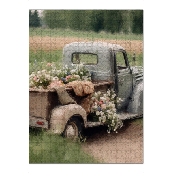 Puzzle Ravensburger "Blumenabholung C" artboxONE - Natur,Floral,Automobile - Vintage,Automobil,Pickup,Lkw,Blume,Blumen,Feld,Natur - Bild vintage