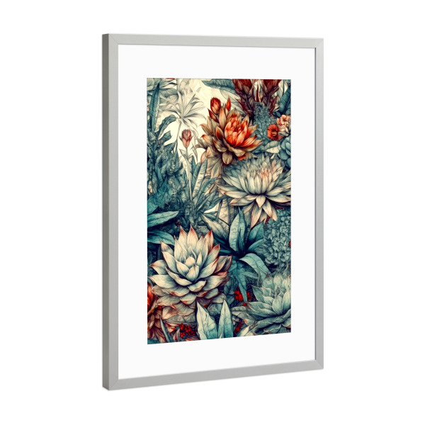 Poster mit Rahmen Silber "Sukkulenten und Kakteen B" artboxONE - Natur,Floral - Sukkulenten,Kakteen,Kaktus,Natur,Blumen,Botanische,Blatt,Blumen