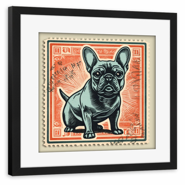 Poster mit Rahmen schwarz "Briefmarken Bulldogge" artboxONE - Tiere,Comic,Lustig