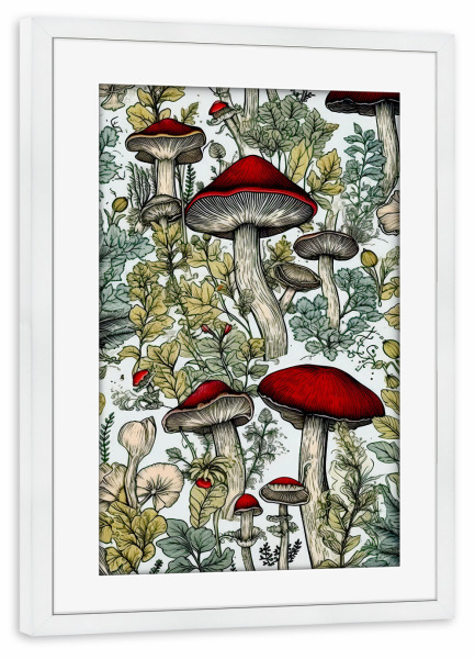Poster mit Rahmen weiß "Pilze B" artboxONE - Natur,Floral - Pilze,Flora,Baum,Wald,Blätter,Natur,Botanisch