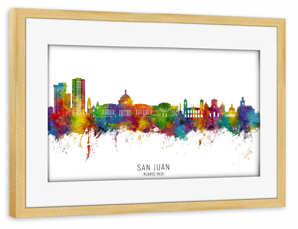 Poster mit Rahmen kiefer "San Juan Puerto Rico Skyline txt" artboxONE - Städte - San juan,Puerto rico,Skyline,Stadtbild,Stadtbild,Aquarell,Malerei
