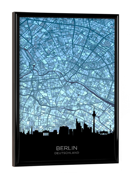 Poster mit schwarzem Rahmen "Berlin Skyline Karte Blau" artboxONE - Städte,Städte / Berlin