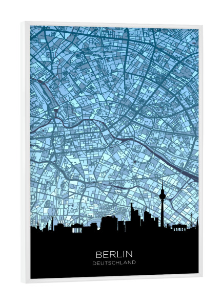 Poster mit weißem Rahmen "Berlin Skyline Karte Blau" artboxONE - Städte,Städte / Berlin
