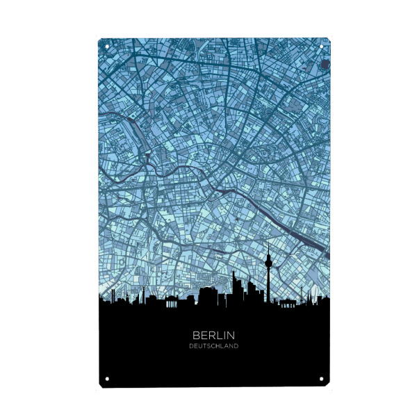 Metall Poster "Berlin Skyline Karte Blau" artboxONE - Städte,Städte / Berlin