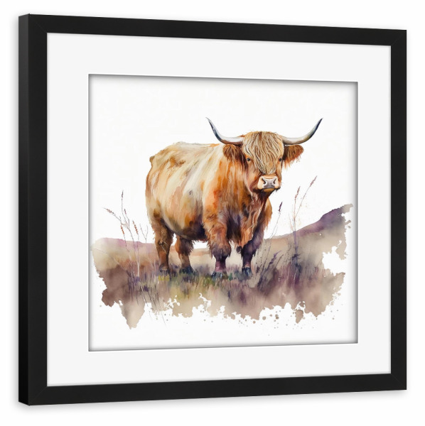 Poster mit Rahmen schwarz "Highland Cow Field H" artboxONE - Natur,Tiere - Hochland,Kuh,Rinder,Tiere,Natur,Feld,Landschaft,Aquarell