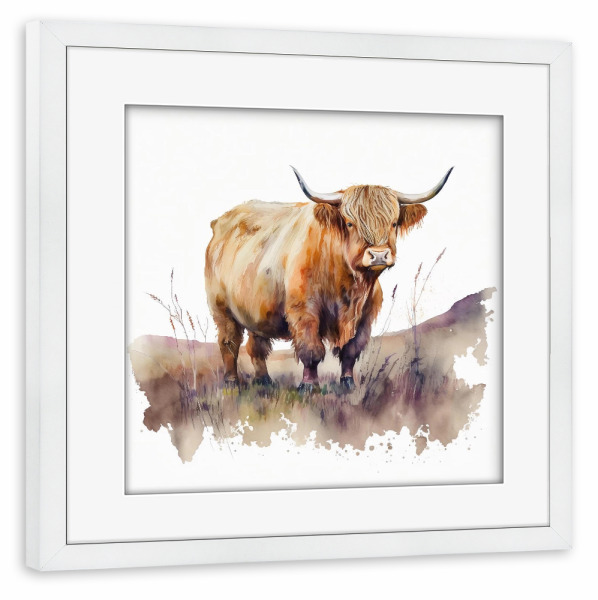 Poster mit Rahmen weiß "Highland Cow Field H" artboxONE - Natur,Tiere - Hochland,Kuh,Rinder,Tiere,Natur,Feld,Landschaft,Aquarell