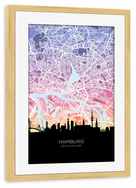 Poster mit Rahmen kiefer "Hamburg Skyline Karte Pastell" artboxONE - Städte,Städte / Hamburg