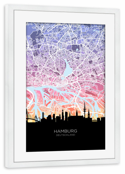 Poster mit Rahmen weiß "Hamburg Skyline Karte Pastell" artboxONE - Städte,Städte / Hamburg