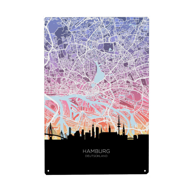 Metall Poster "Hamburg Skyline Karte Pastell" artboxONE - Städte,Städte / Hamburg