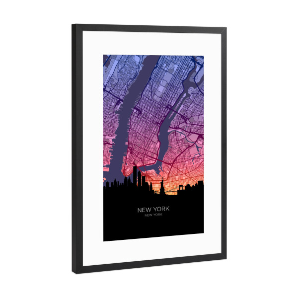 Poster mit Rahmen Schwarz (Metallic) "New York City Skyline Map Sunset" artboxONE - Städte,Städte / New York