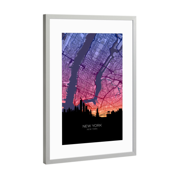 Poster mit Rahmen Silber "New York City Skyline Map Sunset" artboxONE - Städte,Städte / New York