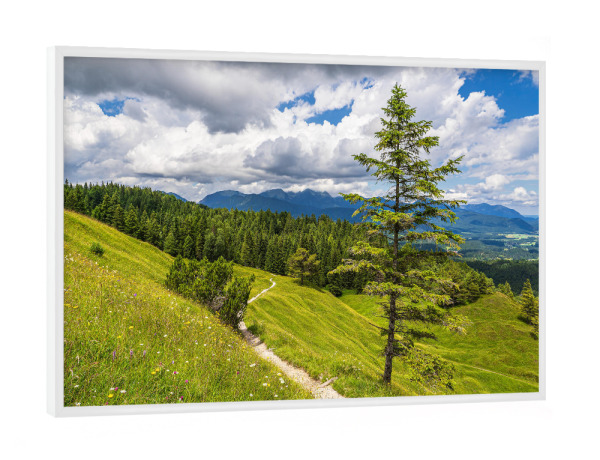 Poster mit weißem Rahmen "Wolken, Weg, Baum, Gebirge" artboxONE - Natur,Reise