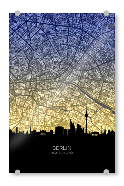 Acrylglasbild "Berliner Skyline-Karte Dawn" artboxONE - Städte - Berlin,Deutschland,Deutschland,Karte,Skyline,Stadtbild,Stadtplan,Stadtbild,Stadtkarte