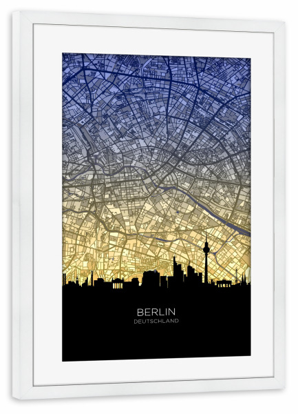 Poster mit Rahmen weiß "Berliner Skyline-Karte Dawn" artboxONE - Städte