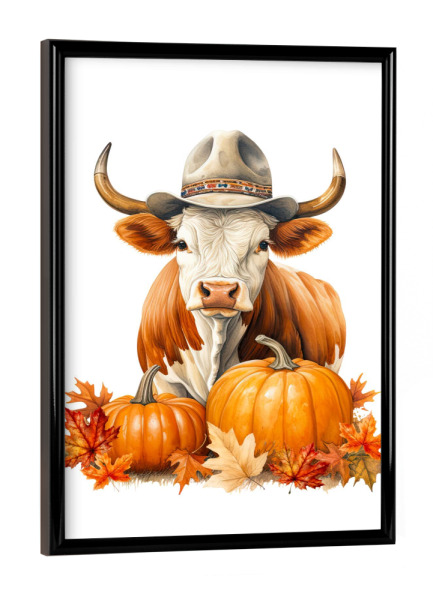 Poster mit schwarzem Rahmen "Hochlandkuh mit Kürbis" artboxONE - Tiere,Essen & Trinken,Für Papa,Festivals,Halloween