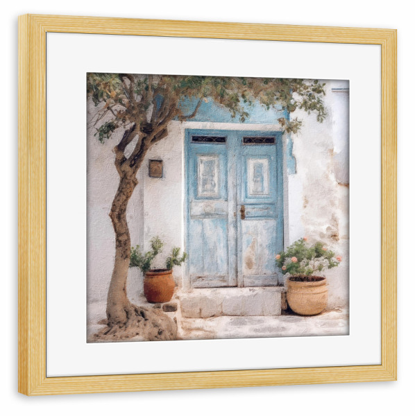 Poster mit Rahmen kiefer "Blaue griechische Tür F" artboxONE - Natur,Architektur,Städte / Weitere - Tür,Eingang,Griechenland,Architektur,Pflanze,Bäume