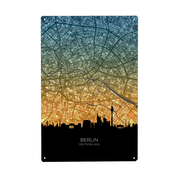 Holzbild "Berlin Skyline Karte Blaugrün" artboxONE - Städte,Städte / Berlin